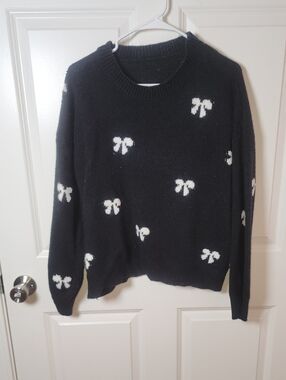 Black Sweater with White Bow Motif - Women's Crewneck